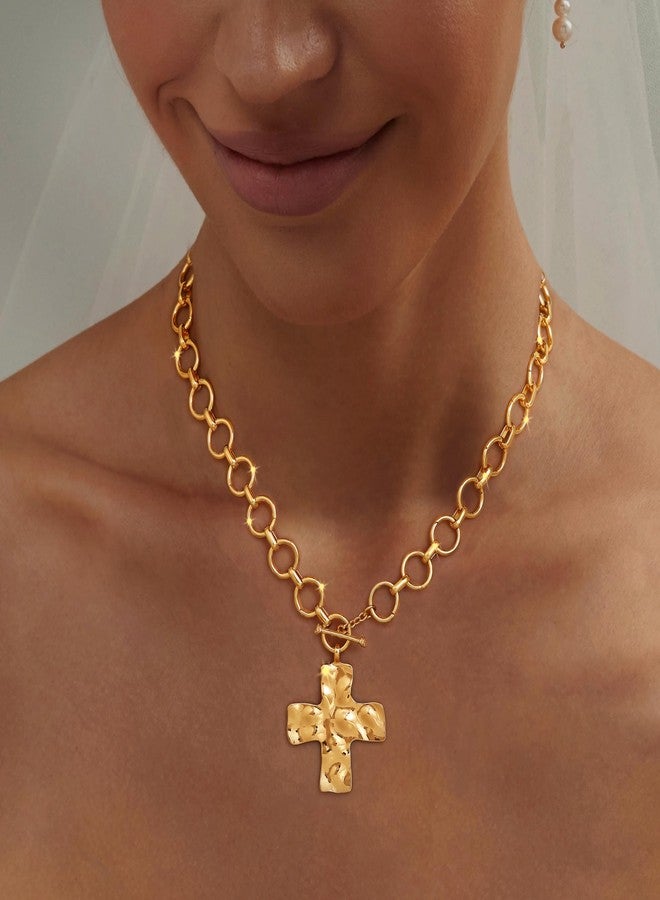 Carffordo Cross Necklace for Women - 14K Gold Plated Cross Pendant Necklaces Dainty Toggle Clasp Choker Chunky Charm Jewelry Christmas Gift - Image 2